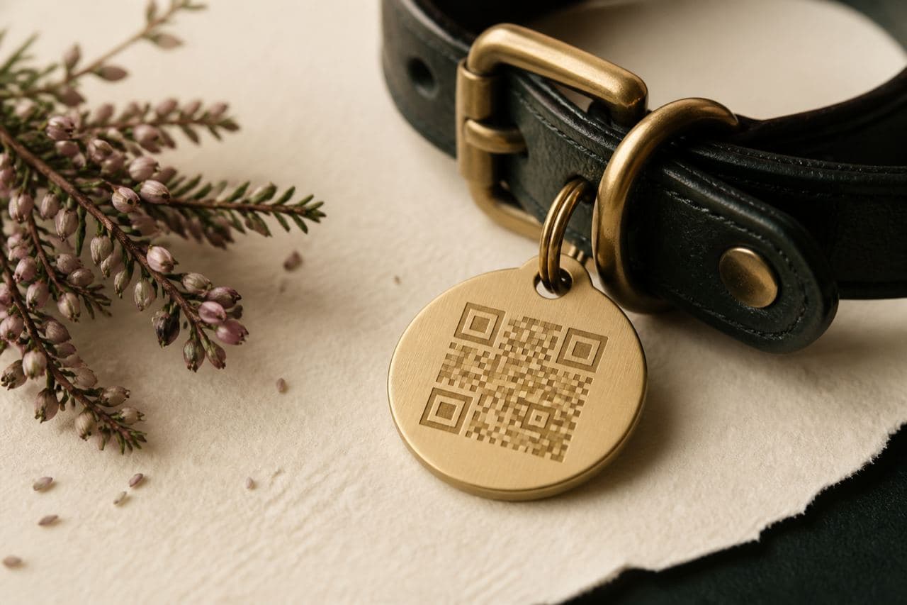 Brass PawLink collar tag with engraved short ID on cream linen